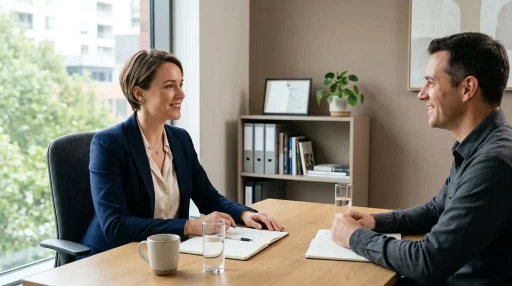 Professional in a calm one-on-one meeting, showing careers for introverts with structured interaction