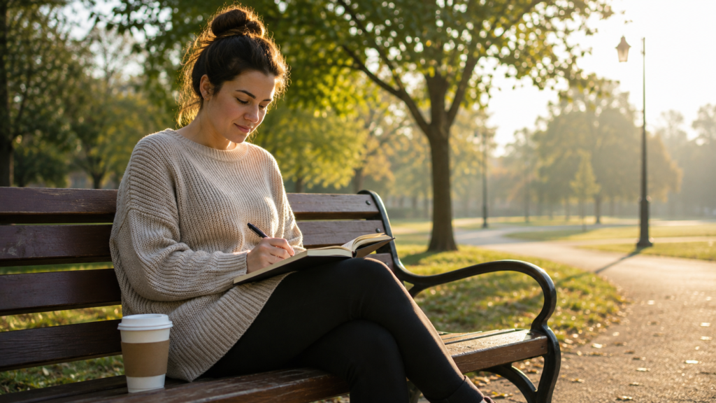 Woman journaling outdoors as part of learning how to focus on yourself