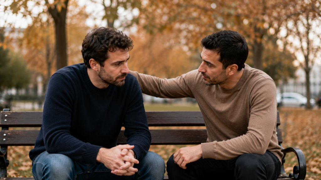 Two friends supporting each other on a bench, showing what is unconditional love between friends