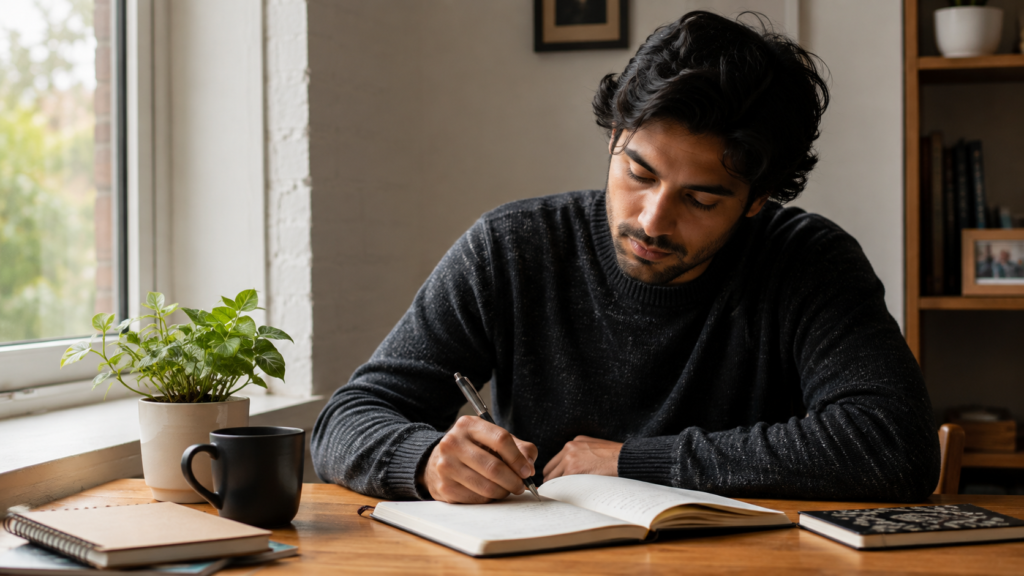 Person journaling and reflecting, connected to practicing what is unconditional love