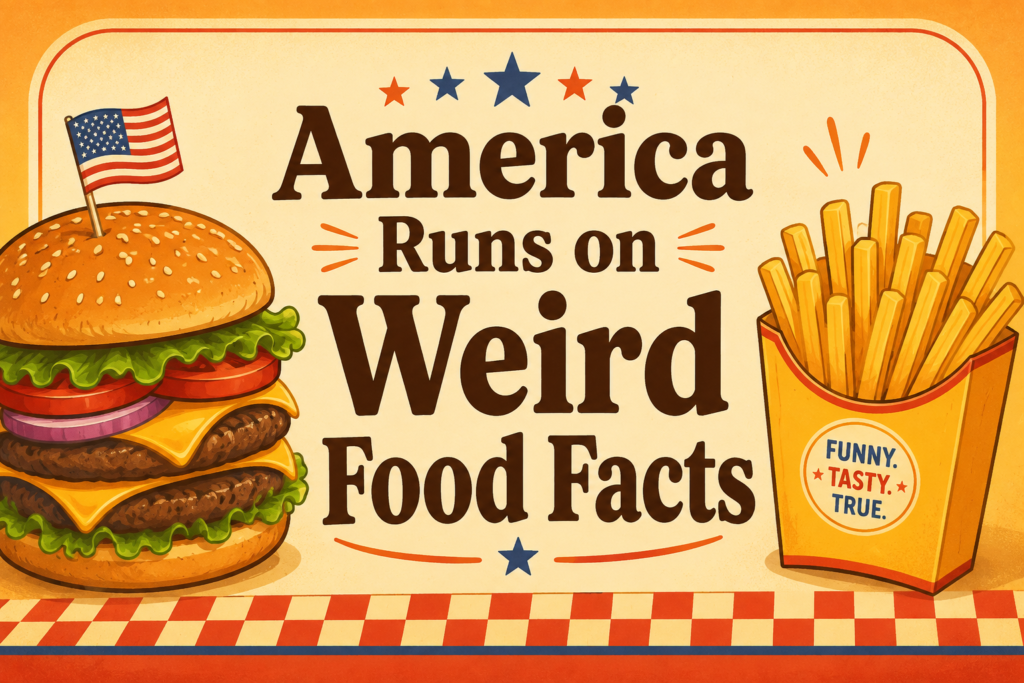 Retro diner-style illustration of a cheeseburger and French fries with the heading “America Runs on Weird Food Facts”