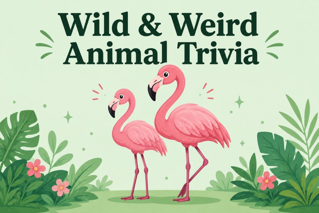 Cute flat illustration of two pink flamingos surrounded by tropical plants with the heading “Wild & Weird Animal Trivia”