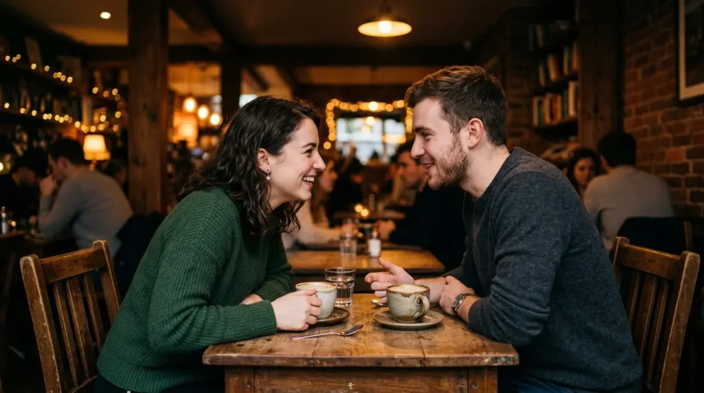 Two people having a deep conversation using questions to get to know someone