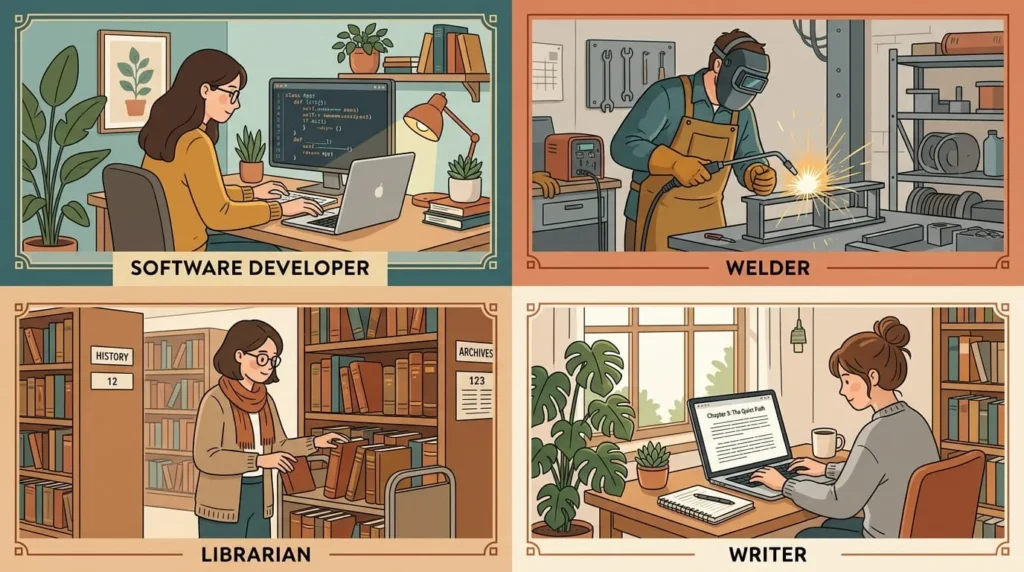 Illustration of varied careers for introverts, including tech, skilled trades, and research work