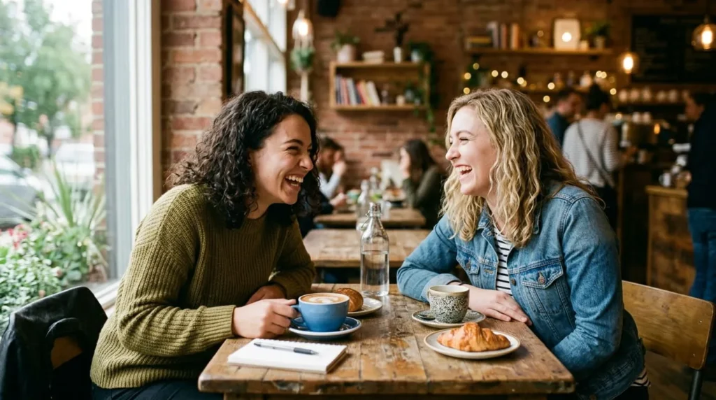 Two friends laughing while discussing a hypothetical question at a coffee shop table