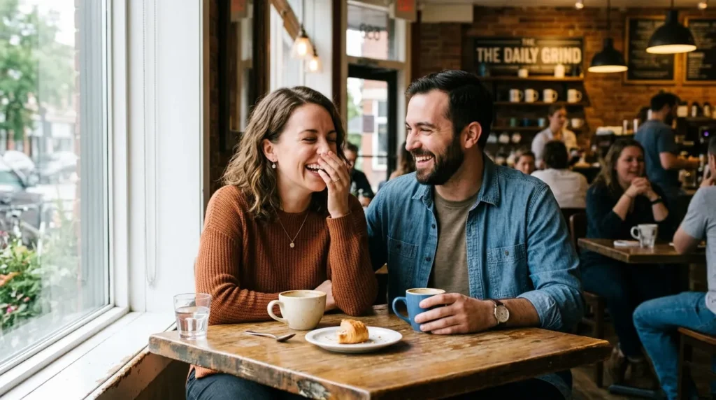Couple laughing at a cafe table showing green flags in men through genuine connection