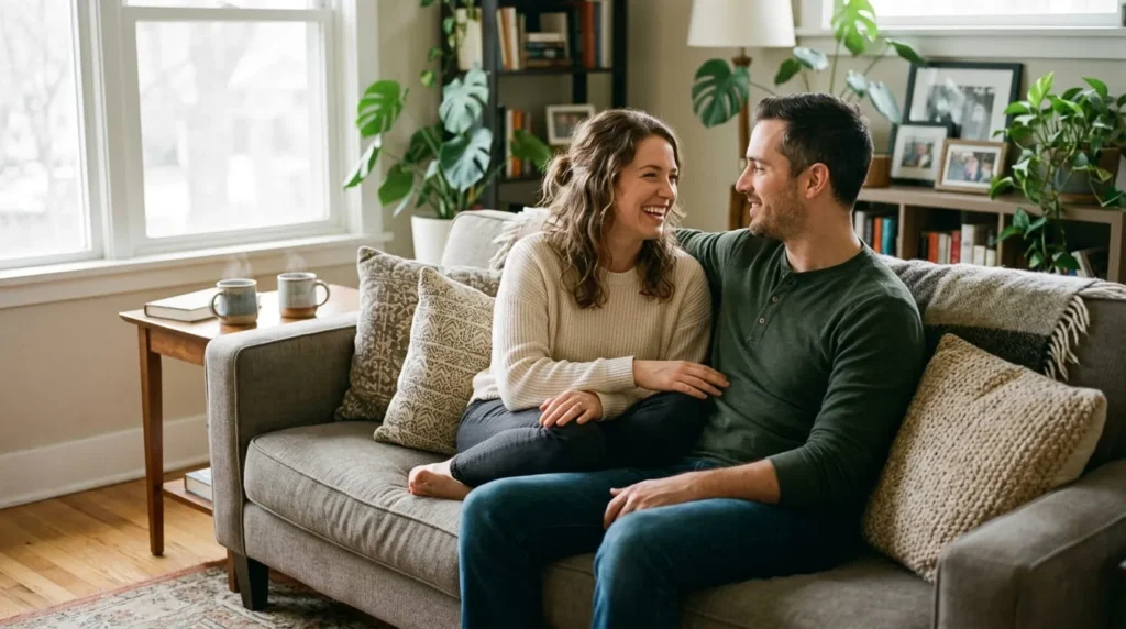couple having an open conversation on a couch, illustrating how to be a better boyfriend
