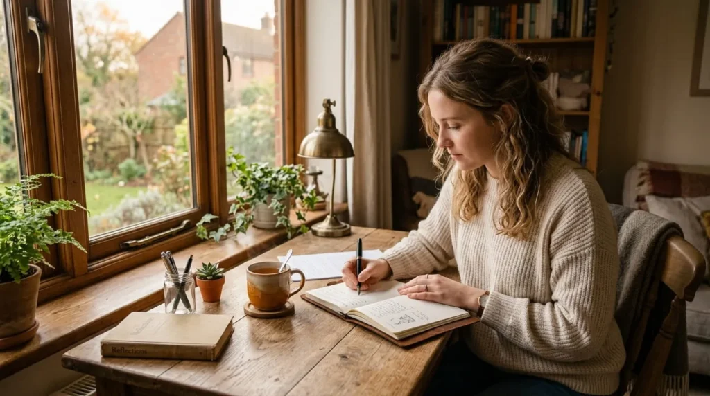 Person journaling by a window as part of learning how to forget someone