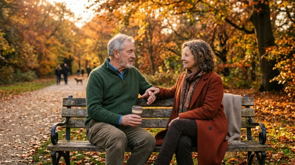 Two people talking supportively outdoors while one learns how to forget someone