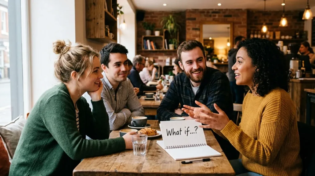 Friends discussing an engaging hypothetical question during a relaxed conversation at a café.
