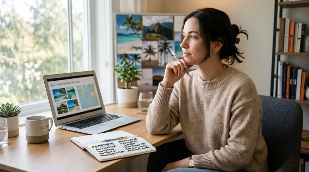 Person considering a hypothetical vacation question while comparing a real experience with an imagined dream trip.