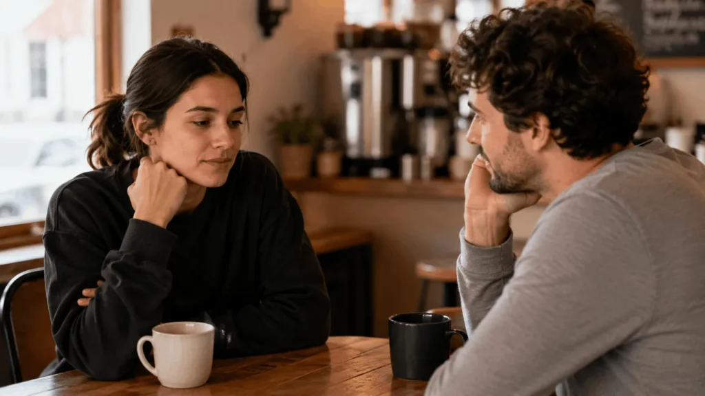 Two people having a respectful café conversation while maintaining comfortable emotional boundaries.