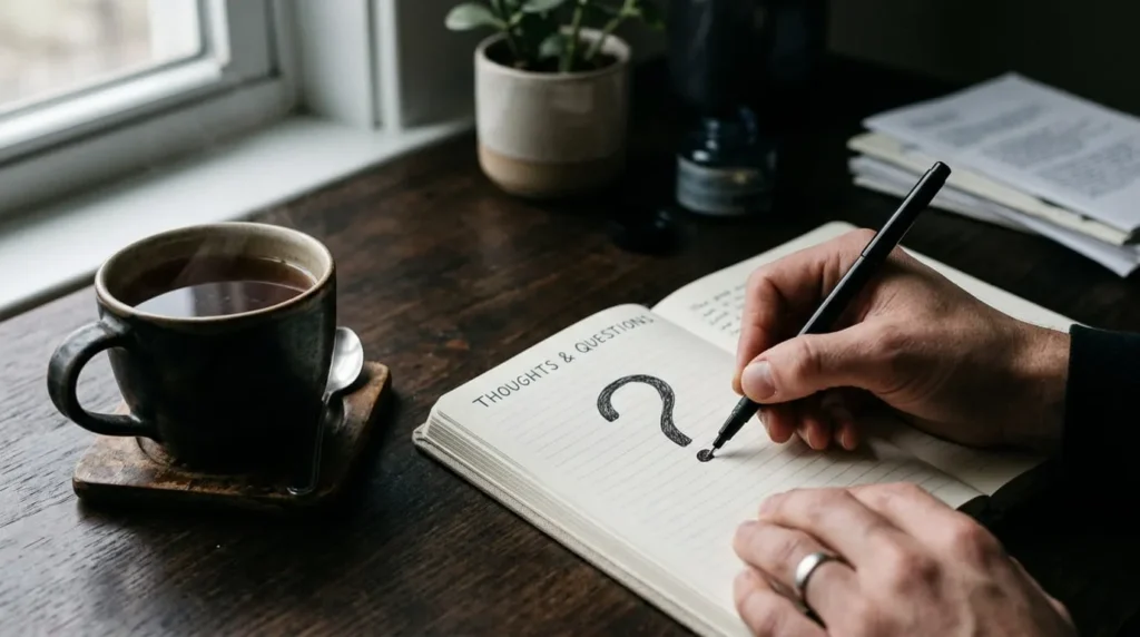 Notebook with a question mark representing a hypothetical question being written down