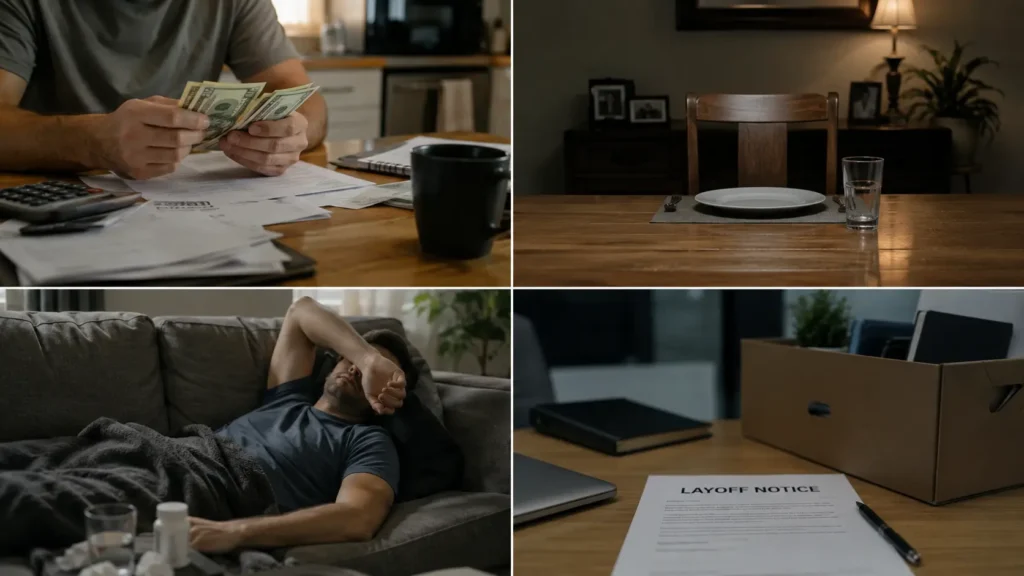 Collage showing why life is hard including money, relationships, health, and career stress