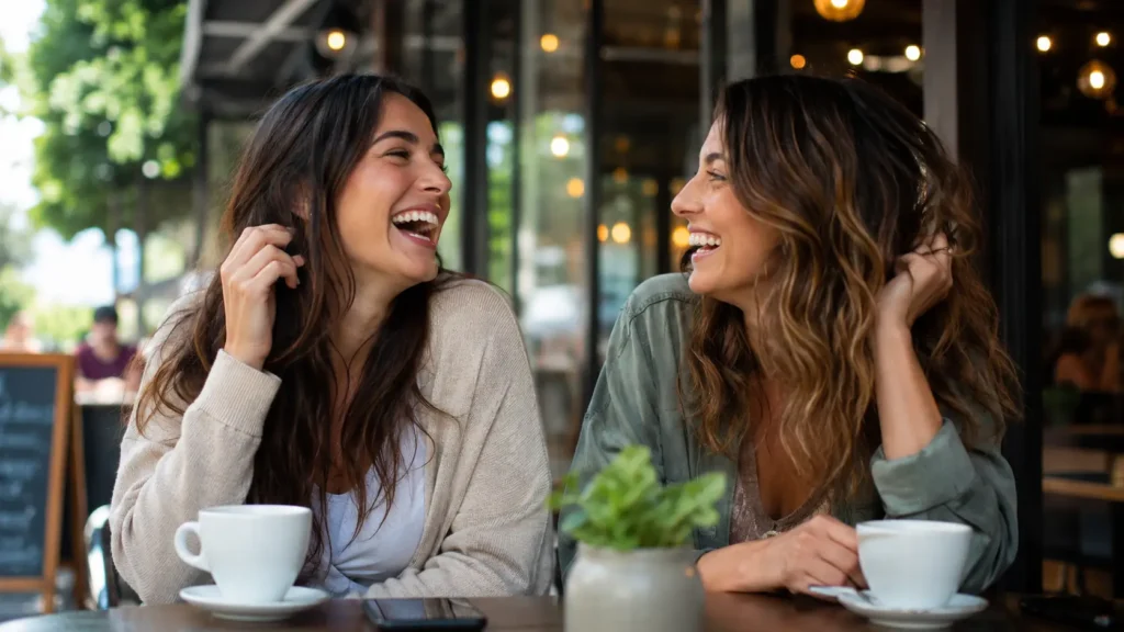 Two friends laughing while exchanging compliments for girls at a café