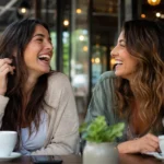 Two friends laughing while exchanging compliments for girls at a café