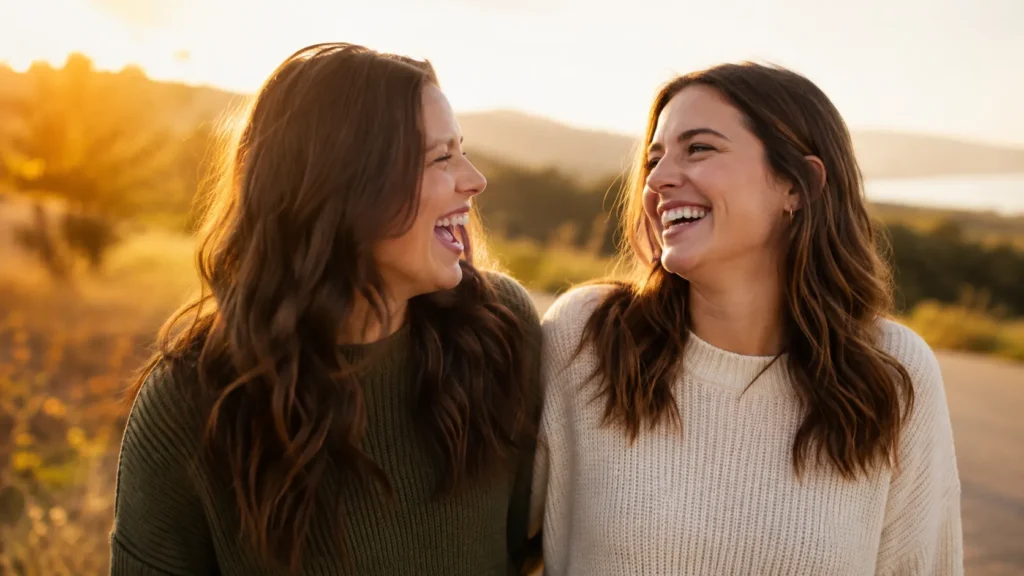 Two sisters laughing together, representing unique sister quotes about real sisterhood