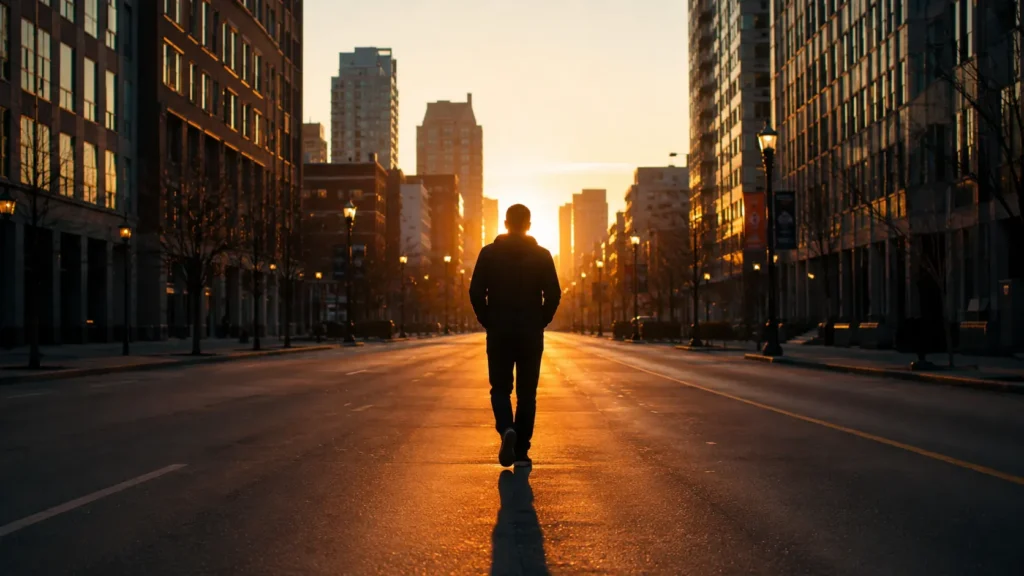 Person walking alone at sunrise representing the mindset behind no one cares quotes
