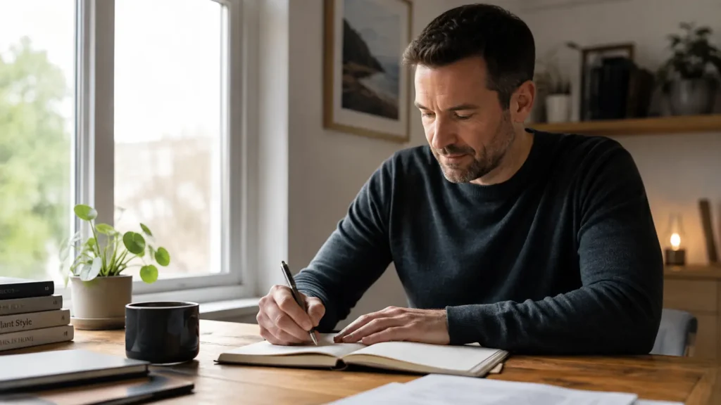 Person journaling as part of a daily routine for a peaceful life