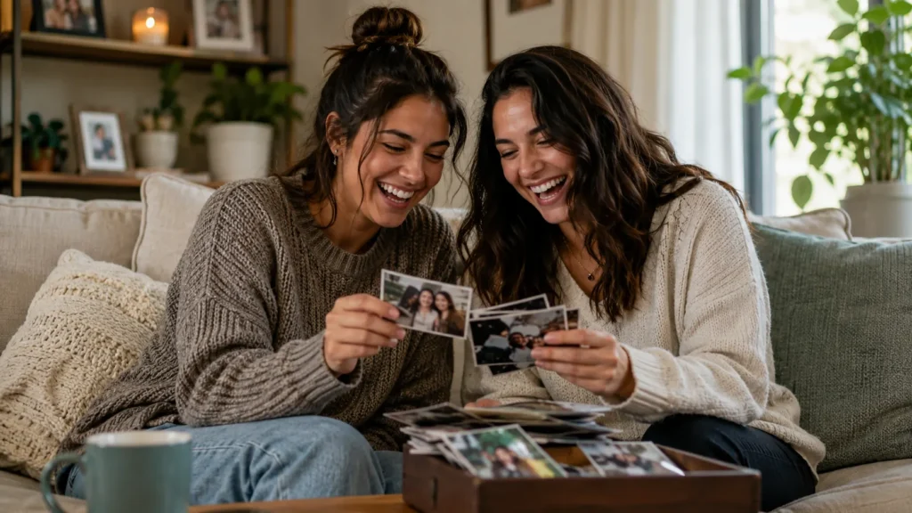 Sisters laughing while looking at photos, illustrating funny unique sister quotes