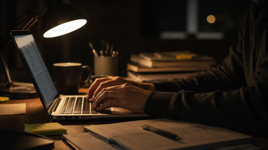 Hands working late at a desk illustrating no one cares quotes about pushing through problems