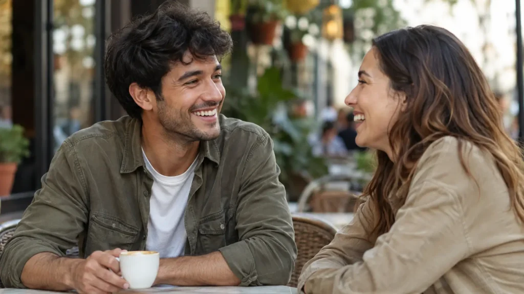 Man giving a genuine compliment to a woman during a relaxed outdoor conversation