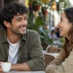 Man giving a genuine compliment to a woman during a relaxed outdoor conversation
