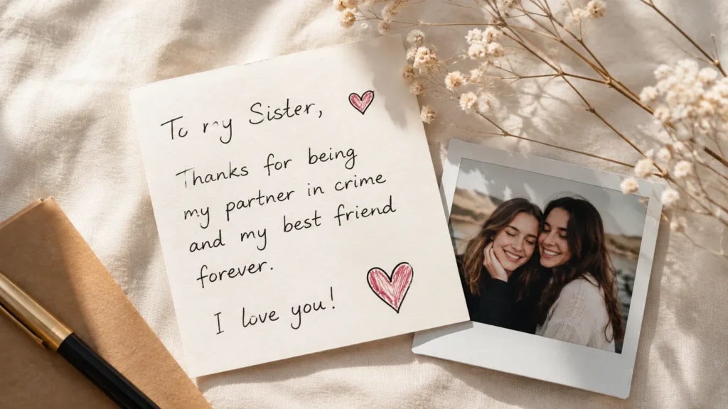 Handwritten card with sister bonding quotes and a polaroid photo