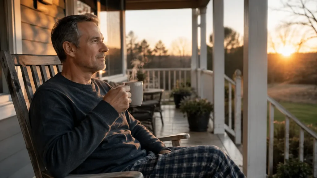 Person enjoying a calm morning routine as part of a peaceful life