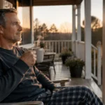 Person enjoying a calm morning routine as part of a peaceful life