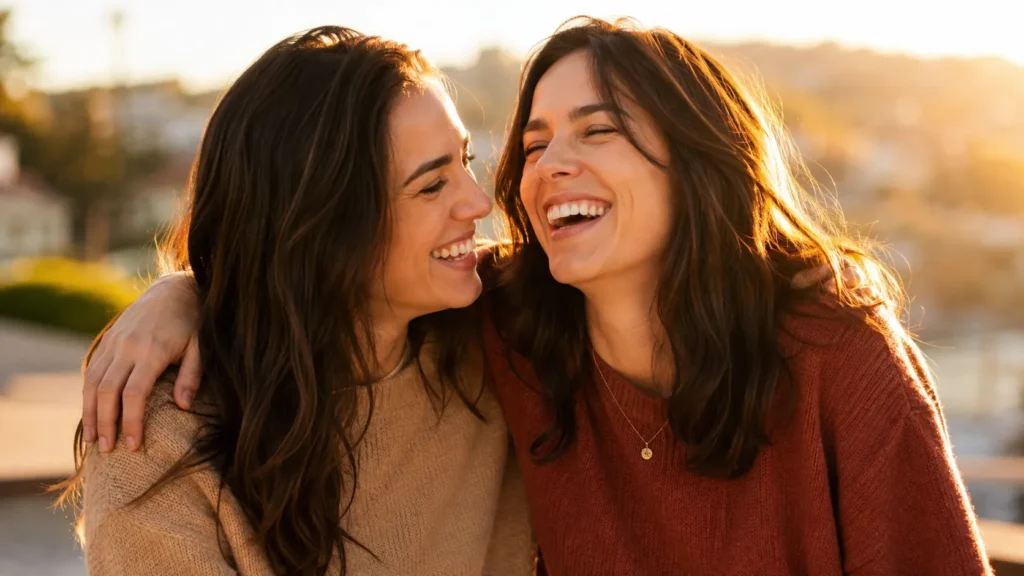 Two sisters laughing together outdoors, representing sister bonding quotes