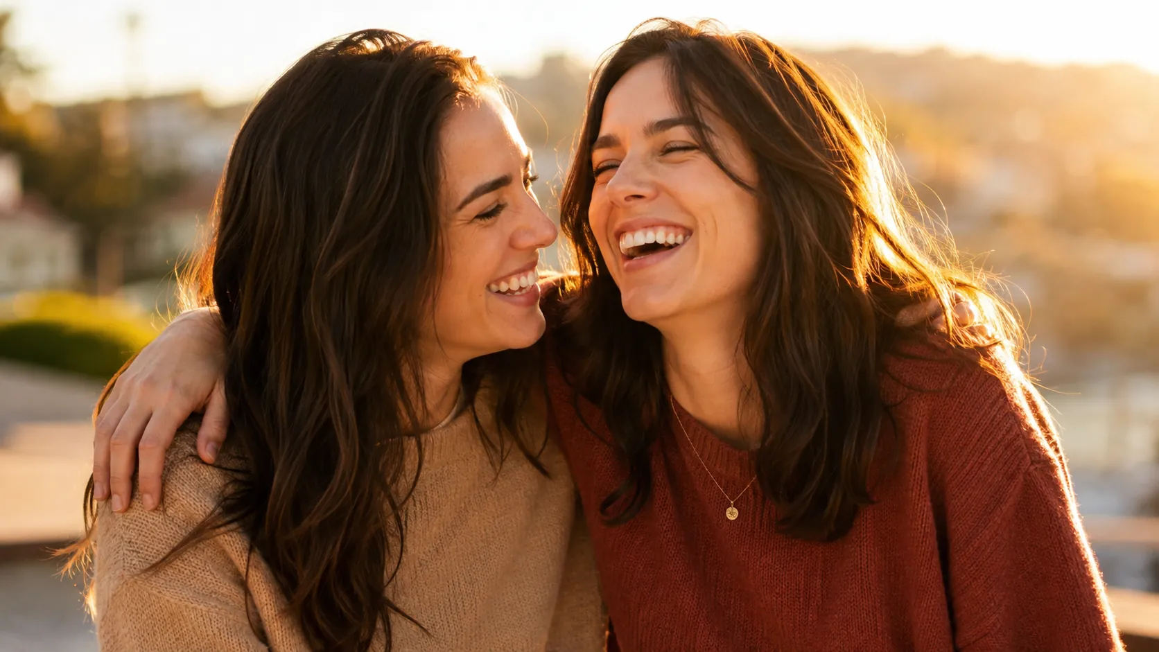 Two sisters laughing together outdoors, representing sister bonding quotes