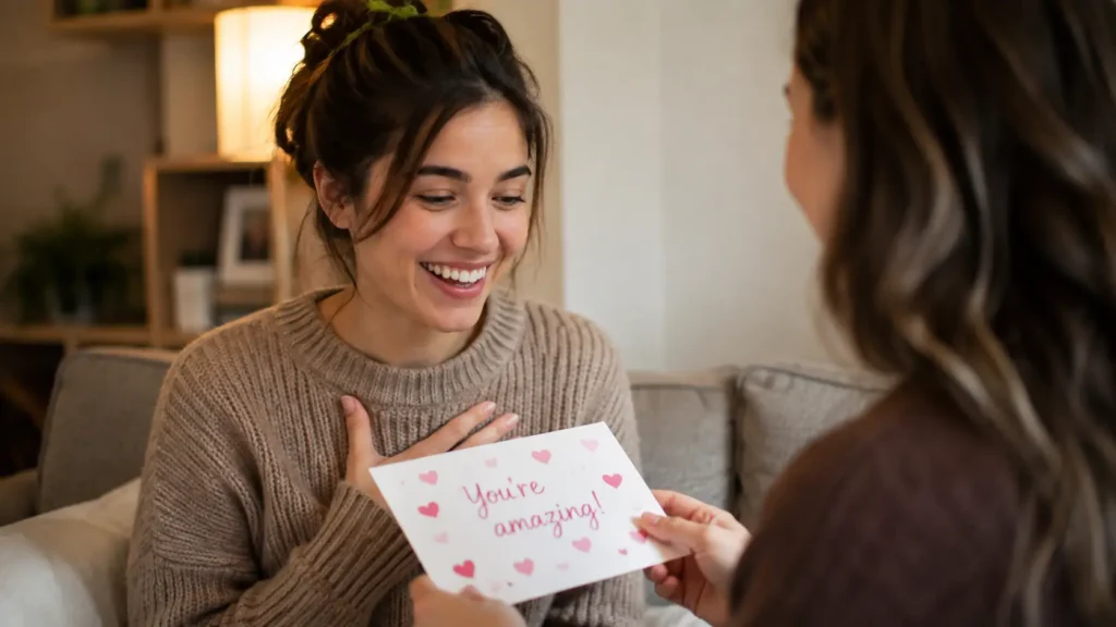 Woman smiling while reading a handwritten note with compliments for girls