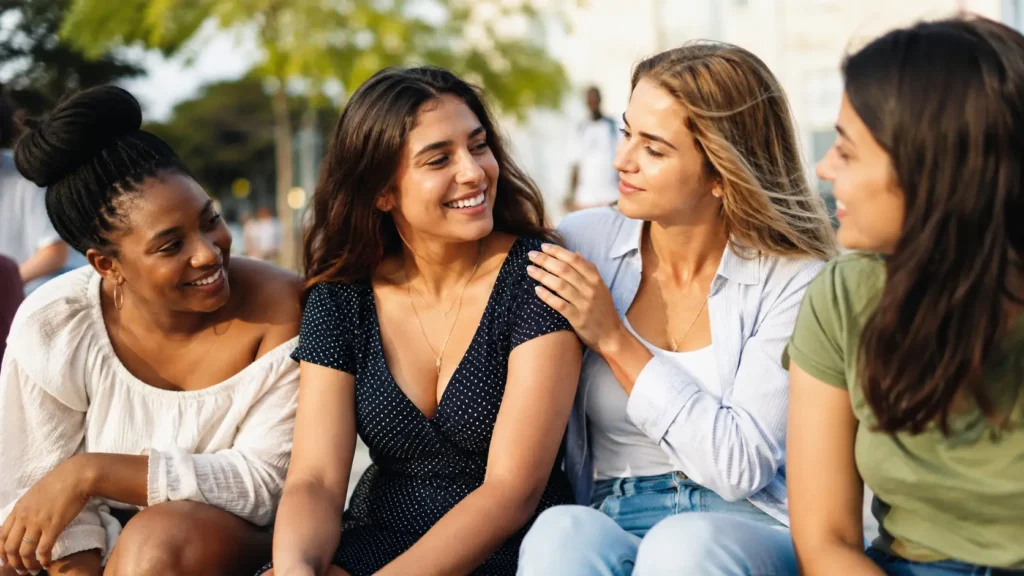 Group of friends outdoors sharing compliments for girls in a candid moment