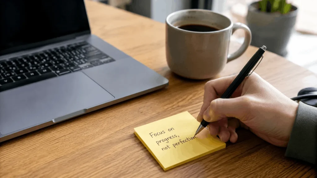 quote of the day for work written on a sticky note at a desk