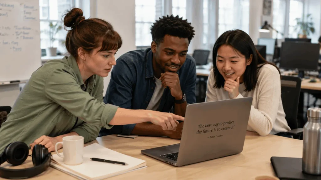 coworkers sharing a quote of the day for work on a laptop screen