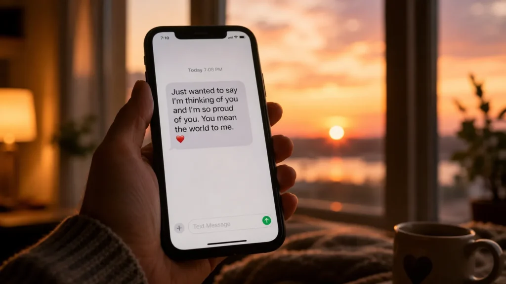 Person reading an I miss you quotes text on their phone at sunset