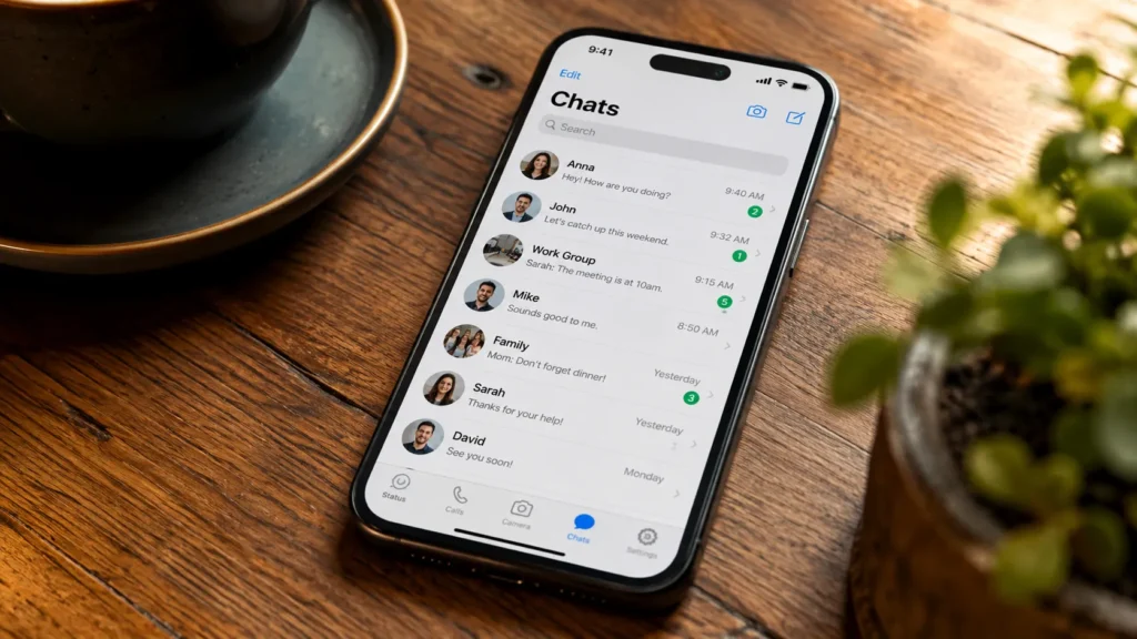 A smartphone displaying playful flirty texts on a messaging application sitting on a warm wooden table