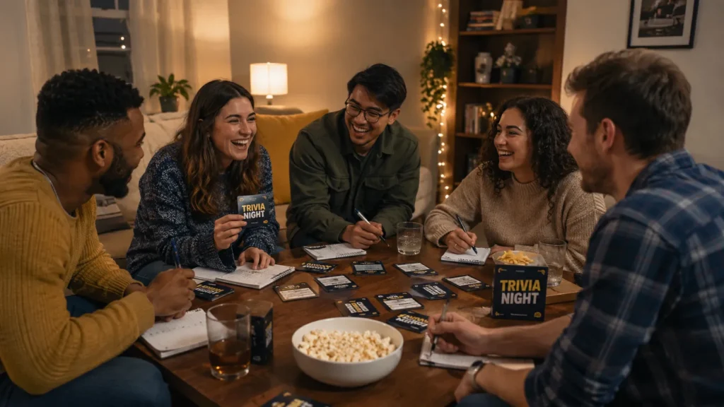 Friends playing general trivia questions during a game night