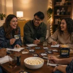 Friends playing general trivia questions during a game night