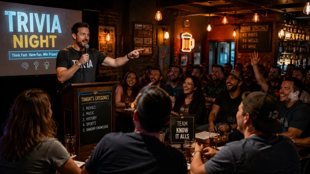 Trivia host asking general trivia questions to an engaged crowd