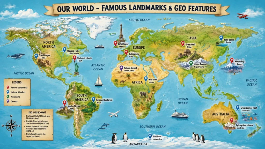 World map illustration used for general trivia questions about geography