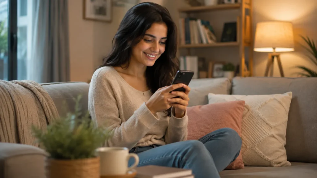 A woman texting on her smartphone showing how to flirt with a guy using messaging apps.
