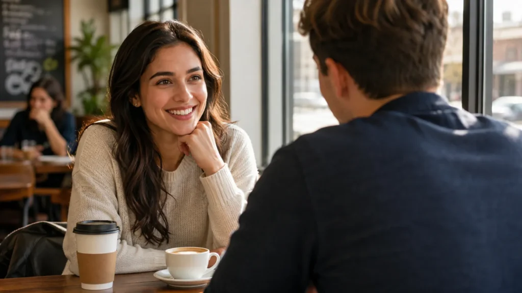 A woman practicing how to flirt with a guy naturally over coffee in a bright cafe setting.