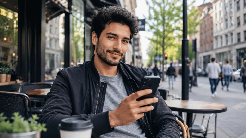 A young man sitting at a city cafe smiling comfortably as he types bold flirty texts on his phone