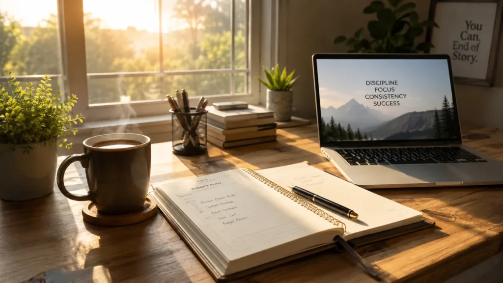 Desk setup with coffee and planner representing monday motivation for a productive week