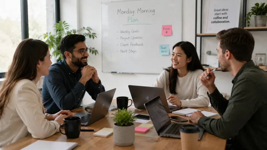 Team discussing weekly priorities as part of a monday motivation strategy at work