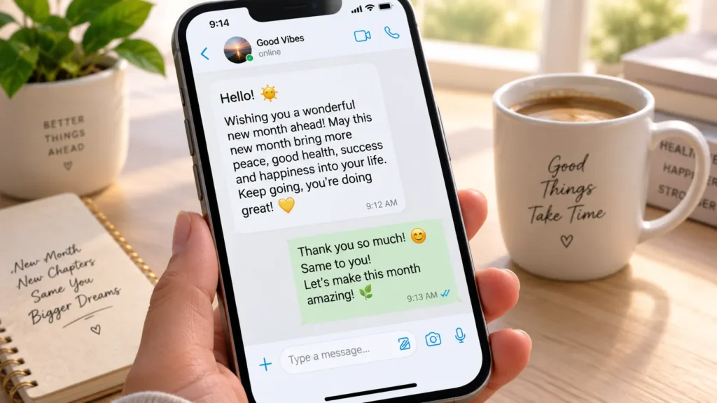 Smartphone displaying a new month quotes text message greeting
