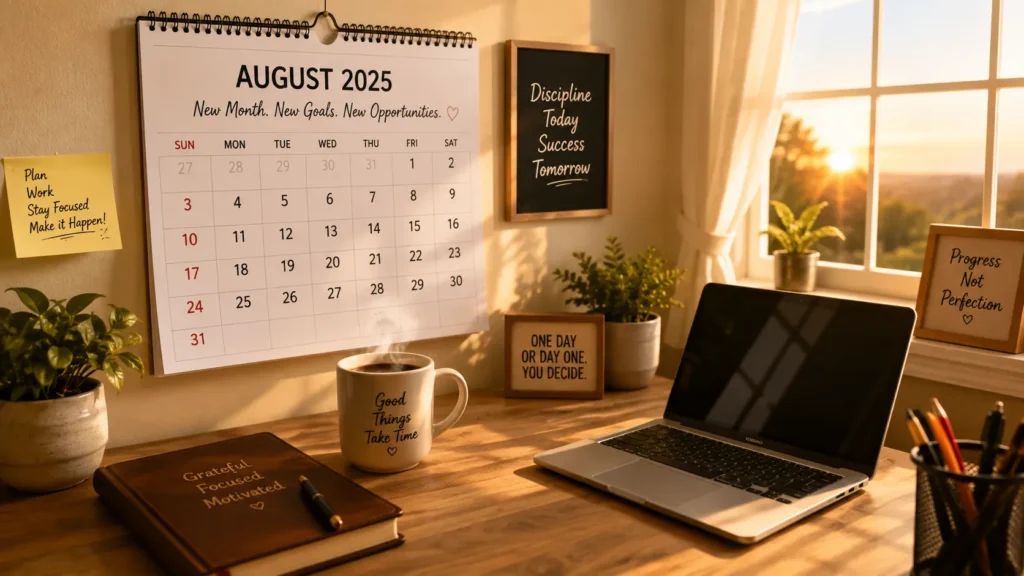 Desk scene with calendar and journal representing new month quotes for motivation