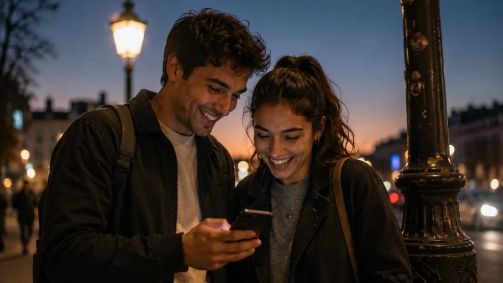 A couple laughing together while looking at flirty texts on a phone outside during evening hours